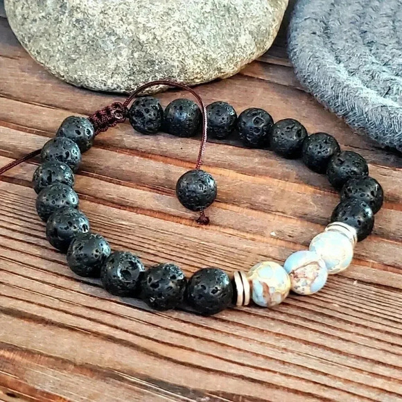 Handcrafted Chakra Bracelet Natural Blue and Tan Aqua Terra Jasper Black Lava - Picture 5 of 7